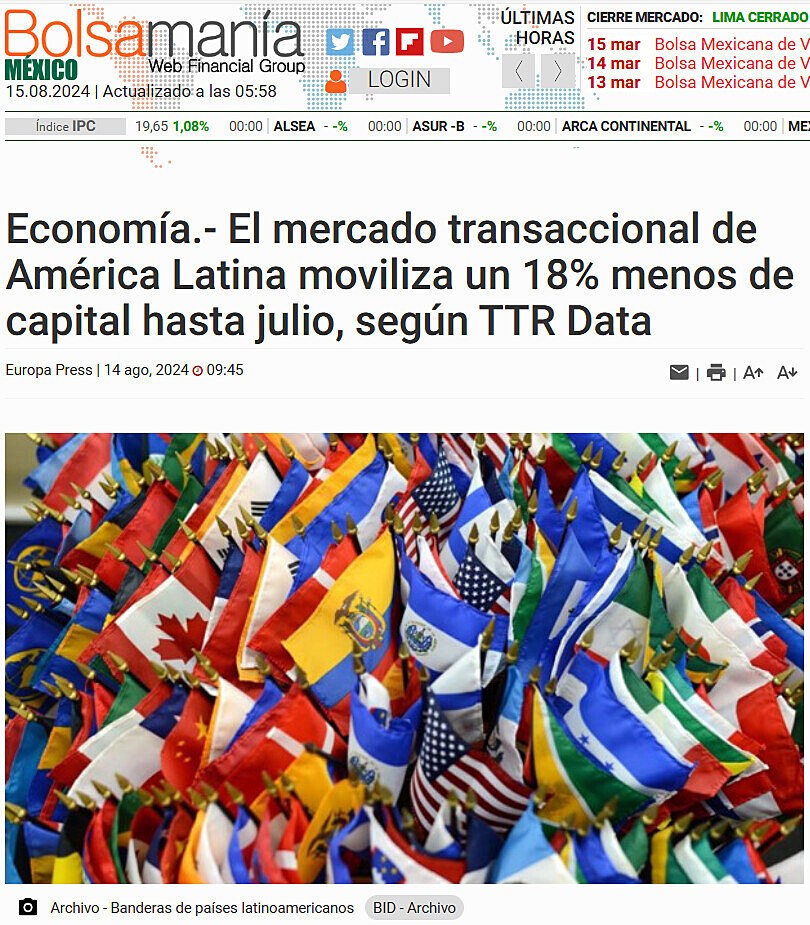 Economa.- El mercado transaccional de Amrica Latina moviliza un 18% menos de capital hasta julio, segn TTR Data